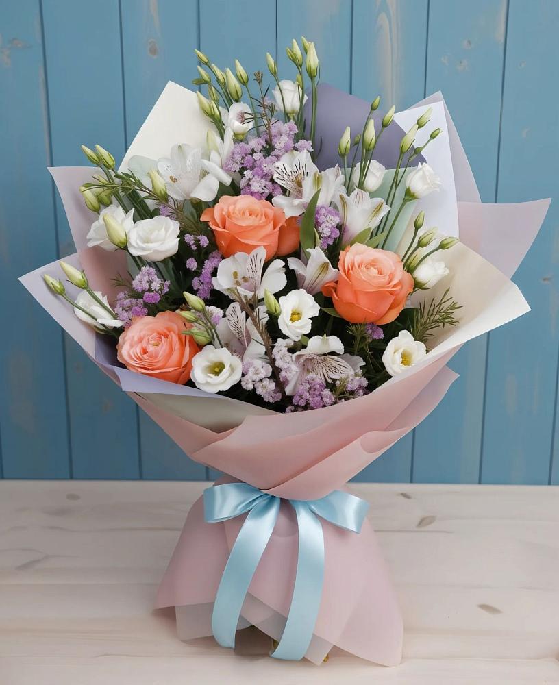 Букет цветов из: Лизиантусы, Розы, Альстромерии и Гипсофила в Льялово
