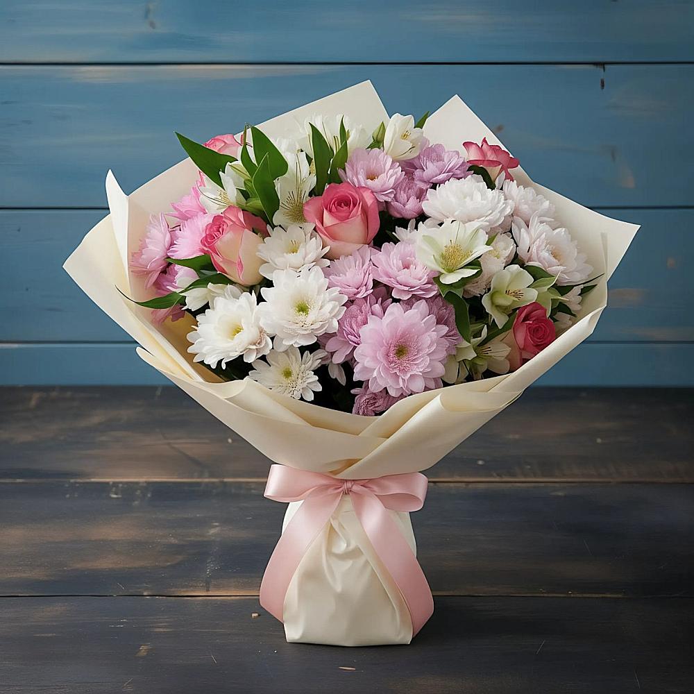 Букет цветов из: Хризантемы, Альстромерии и Розы в Льялово